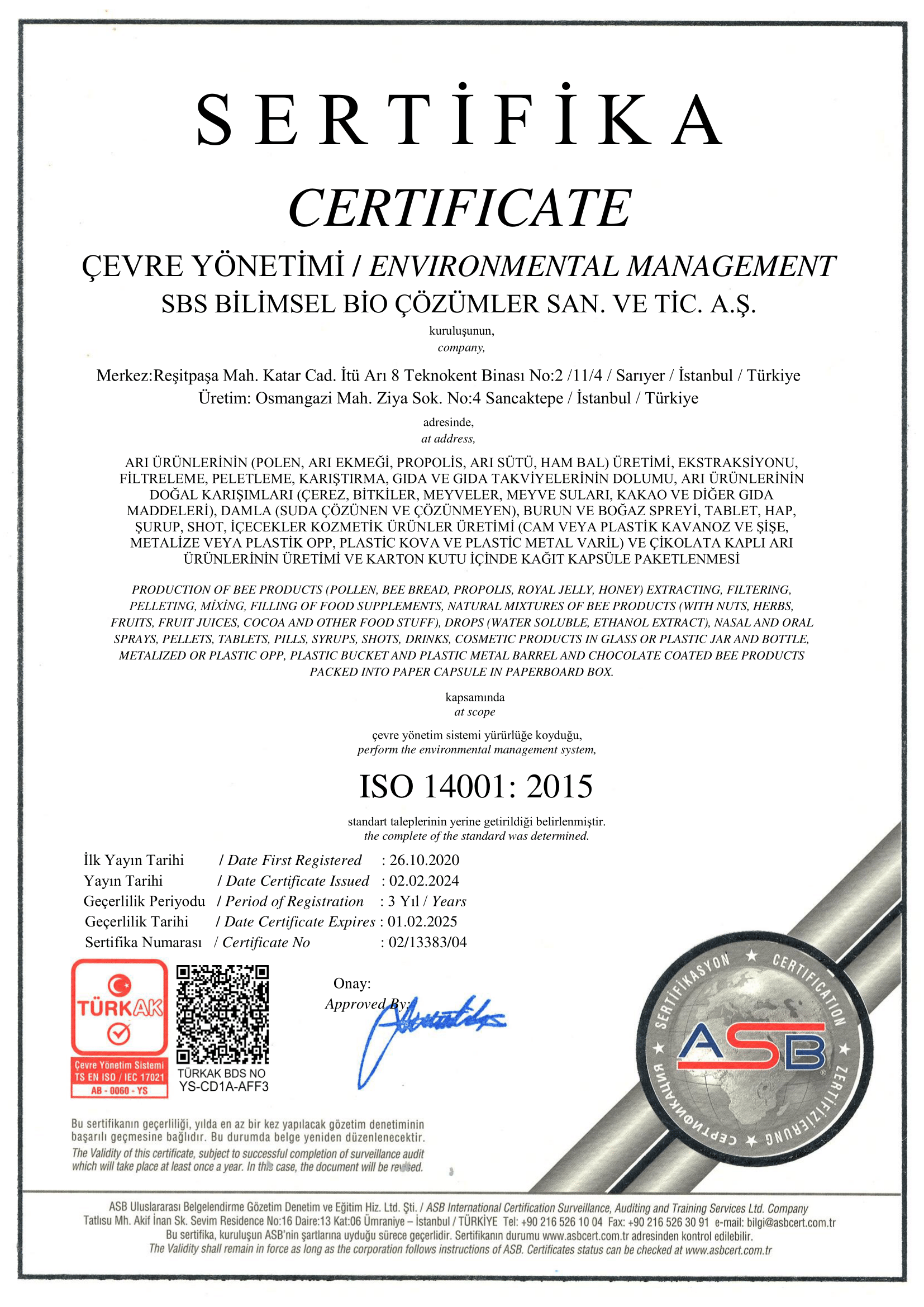 ISO 14001 Çevre Yönetim Sistemi sertifikası
